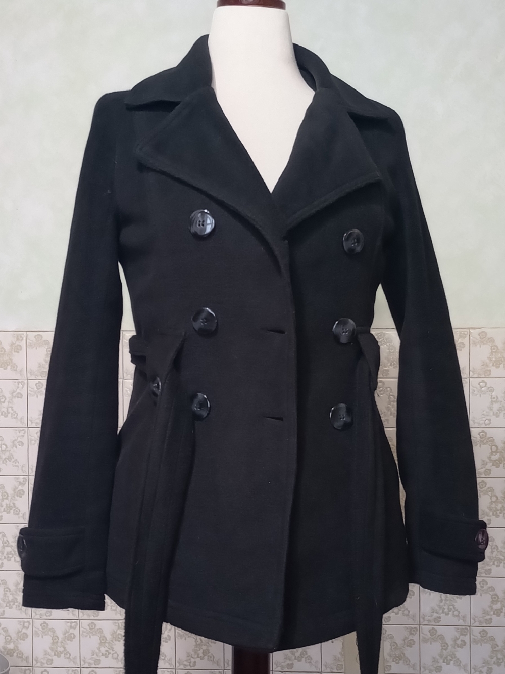 Jou Jou Black Double-Breasted Peacoat with Self-Tie Waist